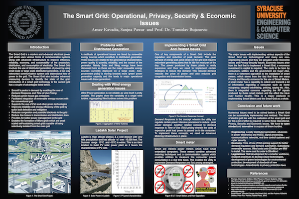 Graduate student Arnav Kavadia created a poster entitled “The Smart Grid: Operational, Privacy, Security & Economic Issues” based on the Spring 2015 interdisciplinary Smart Grid: Security, Privacy, & Economics course. He presented the poster at the SU College of Engineering and Computer Science Nunan Day Poster Competition on April 6, 2015 and at the American Society for Engineering Education Conference in Kiawah Island, SC on 17-18 April, 2015. Click on poster to see a PDF version.